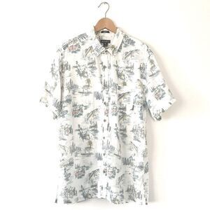 Eddie Bauer Fishing Print Classic Fit Button Down Shirt TXL Linen Blend Casual